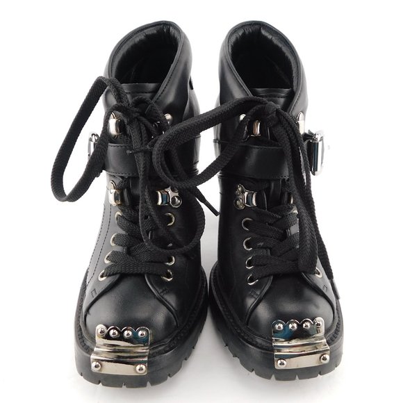 MIU MIU Black Leather Steel Plated Toe Lace Up Buckled Block Heel Booties 35 - Picture 2 of 9